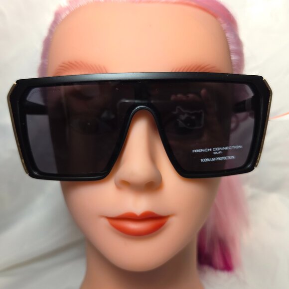 NWT French Connection Black & Gold Shield Sunglasses SR0924 - Picture 1 of 5